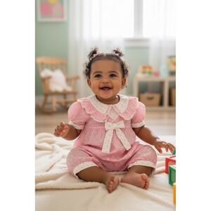 Vintage Baby Girls Romper‎ Pink Polka Dot Ruffle Sailor Collar Bow 6-9 months